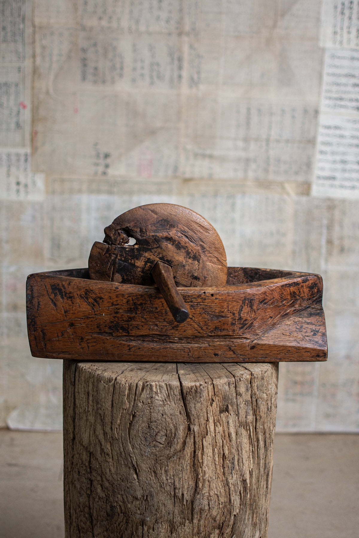 Antique Meiji-Era Wooden Yagen (Apothecary Grinder)