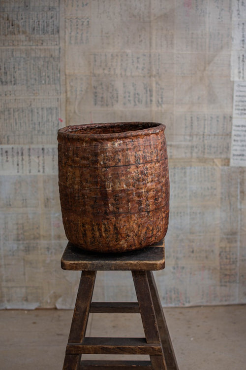 37cm Tall Ikkan-Bari Basket - Persimmon-dyed Washi
